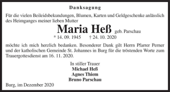 Traueranzeige von Maria Heß (geb. Parschau)  von Magdeburger Volksstimme