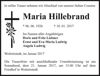 Traueranzeige von Maria Hillebrand  von Magdeburger Volksstimme