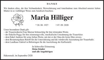 Traueranzeige von Maria Hilliger  von Magdeburger Volksstimme