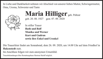 Traueranzeige von Maria Hilliger (geb. Peltzer)  von Magdeburger Volksstimme