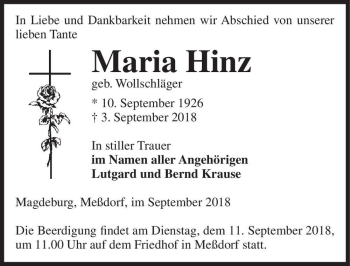 Traueranzeige von Maria Hinz (geb. Wollschläger)  von Magdeburger Volksstimme