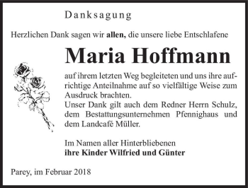 Traueranzeige von Maria Hoffmann  von Magdeburger Volksstimme