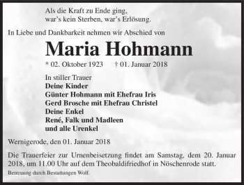 Traueranzeige von Maria Hohmann  von Magdeburger Volksstimme