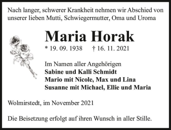 Traueranzeige von Maria Horak  von Magdeburger Volksstimme