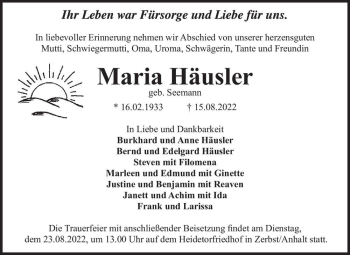 Traueranzeige von Maria Häusler (geb. Seemann)  von Magdeburger Volksstimme