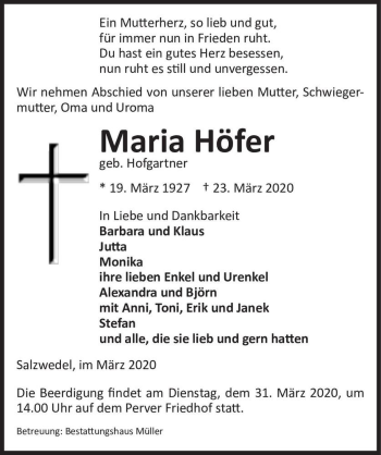 Traueranzeige von Maria Höfer (geb. Hofgartner)  von Magdeburger Volksstimme