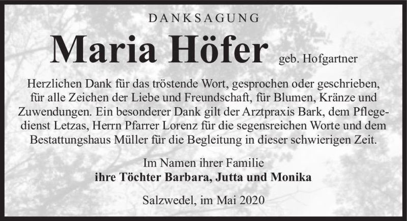  Traueranzeige für Maria Höfer (geb. Hofgartner)  vom 15.05.2020 aus Magdeburger Volksstimme