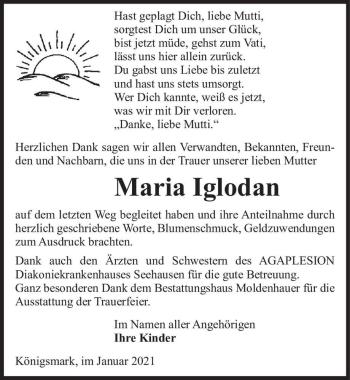 Traueranzeige von Maria Iglodan  von Magdeburger Volksstimme