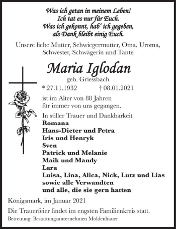 Traueranzeige von Maria Iglodan (geb. Gricssbach)  von Magdeburger Volksstimme