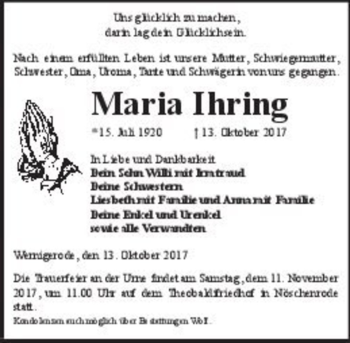 Traueranzeige von Maria Ihring  von Magdeburger Volksstimme