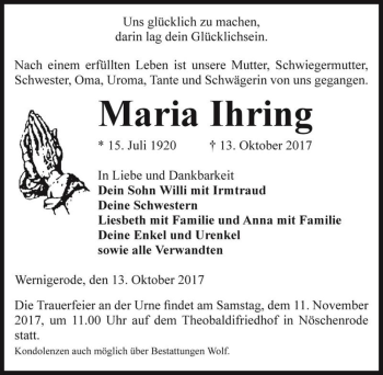 Traueranzeige von Maria Ihring  von Magdeburger Volksstimme