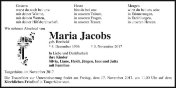 Traueranzeige von Maria Jacobs (geb. Berthold)  von Magdeburger Volksstimme