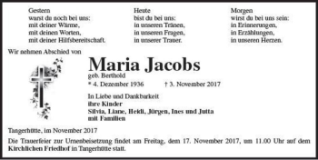 Traueranzeige von Maria Jacobs (geb. Berthold)  von Magdeburger Volksstimme