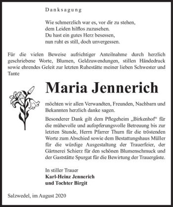 Traueranzeige von Maria Jennerich  von Magdeburger Volksstimme