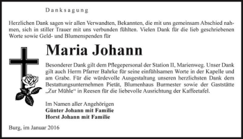 Traueranzeige von Maria Johann  von Magdeburger Volksstimme