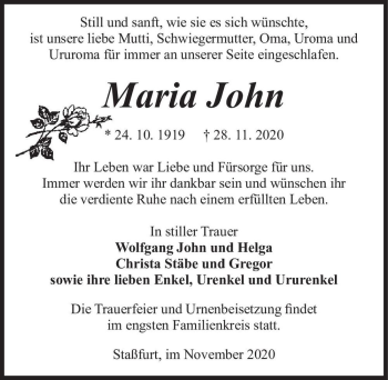 Traueranzeige von Maria John  von Magdeburger Volksstimme