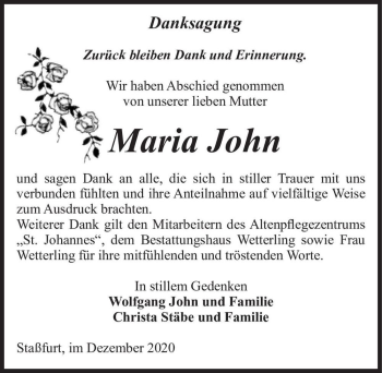 Traueranzeige von Maria John  von Magdeburger Volksstimme