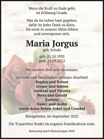 Traueranzeige von Maria Jorgus (geb. Scholz)  von Magdeburger Volksstimme