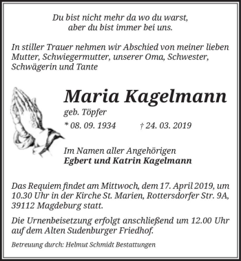 Traueranzeige von Maria Kagelmann (geb. Töpfer)  von Magdeburger Volksstimme