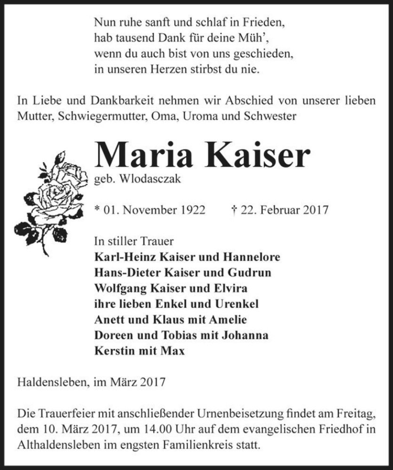  Traueranzeige für Maria Kaiser (geb. Wlodasczak)  vom 04.03.2017 aus Magdeburger Volksstimme