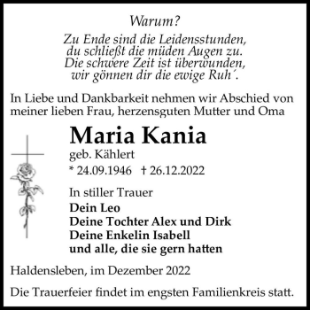 Traueranzeige von Maria Kania (geb. Kählert)  von Magdeburger Volksstimme