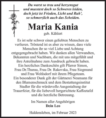 Traueranzeige von Maria Kania (geb. Kählert)  von Magdeburger Volksstimme