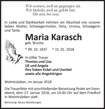 Traueranzeige von Maria Karasch (geb. Bruche)  von Magdeburger Volksstimme