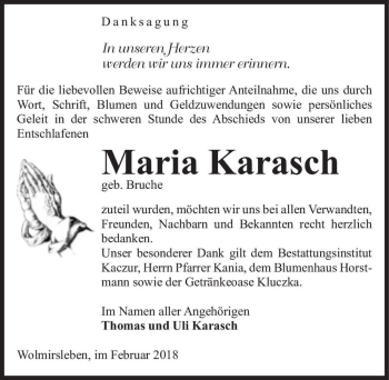 Traueranzeige von Maria Karasch (geb. Bruche)  von Magdeburger Volksstimme