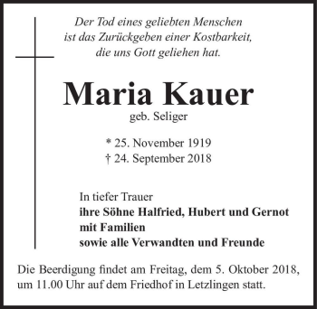 Traueranzeige von Maria Kauer (geb. Seliger)  von Magdeburger Volksstimme