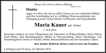 Traueranzeige von Maria Kauer (geb. Seliger)  von Magdeburger Volksstimme