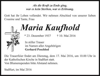 Traueranzeige von Maria Kaufhold  von Magdeburger Volksstimme