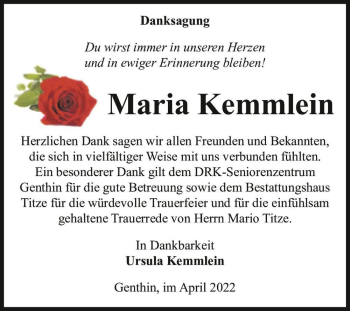 Traueranzeige von Maria Kemmlein  von Magdeburger Volksstimme
