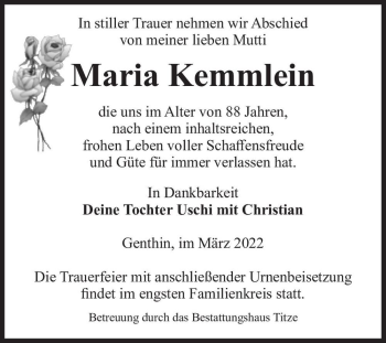 Traueranzeige von Maria Kemmlein  von Magdeburger Volksstimme