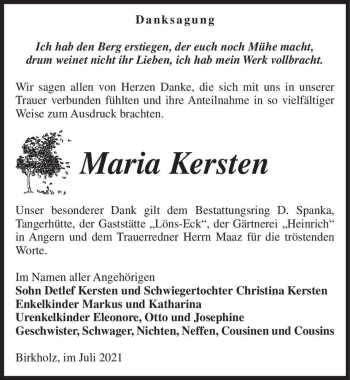 Traueranzeige von Maria Kersten  von Magdeburger Volksstimme
