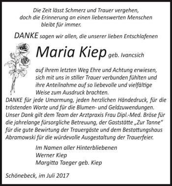 Traueranzeige von Maria Kiep (geb. Ivancsich)  von Magdeburger Volksstimme