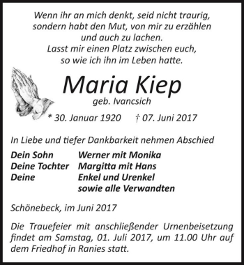 Traueranzeige von Maria Kiep (geb. Ivancsich)  von Magdeburger Volksstimme