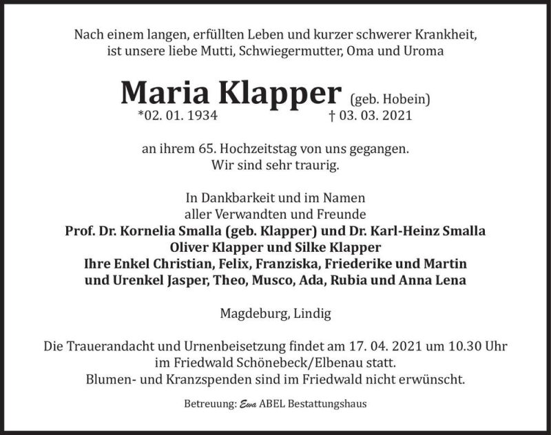  Traueranzeige für Maria Klapper (geb. Hobein)  vom 06.03.2021 aus Magdeburger Volksstimme