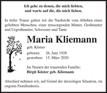 Traueranzeige von Maria Kliemann (geb. Körner)  von Magdeburger Volksstimme