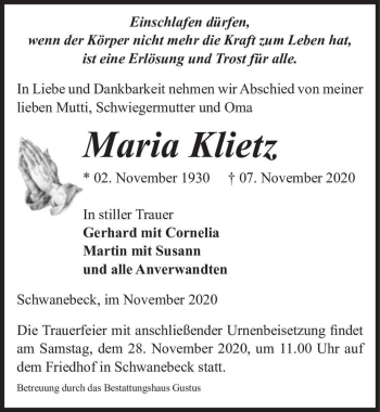 Traueranzeige von Maria Klietz  von Magdeburger Volksstimme