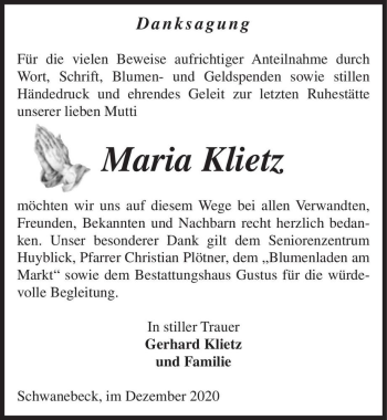 Traueranzeige von Maria Klietz  von Magdeburger Volksstimme