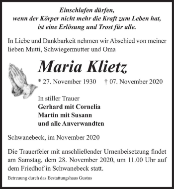 Traueranzeige von Maria Klietz  von Magdeburger Volksstimme