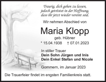 Traueranzeige von Maria Klopp (geb. Hübner)  von Magdeburger Volksstimme