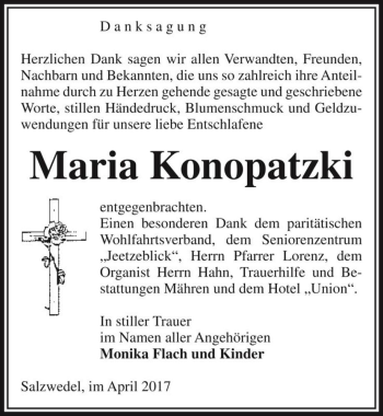 Traueranzeige von Maria Konopatzki  von Magdeburger Volksstimme