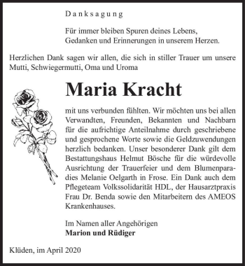 Traueranzeige von Maria Kracht  von Magdeburger Volksstimme