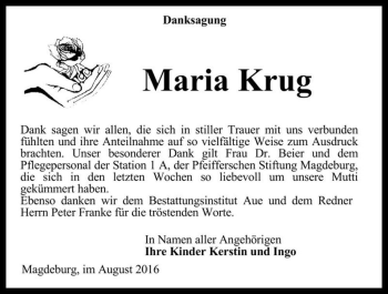 Traueranzeige von Maria Krug  von Magdeburger Volksstimme
