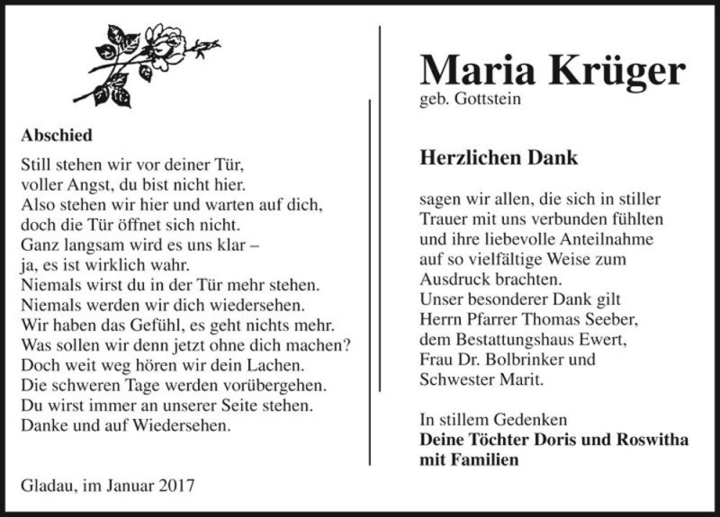  Traueranzeige für Maria Krüger (geb. Gottstein)  vom 04.02.2017 aus Magdeburger Volksstimme