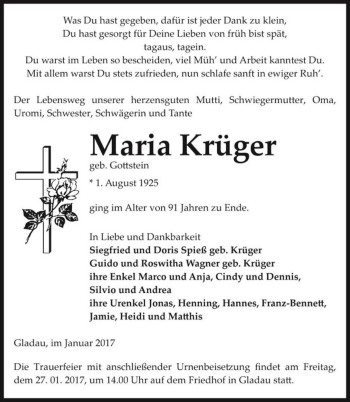Traueranzeige von Maria Krüger (geb. Gottstein)  von Magdeburger Volksstimme
