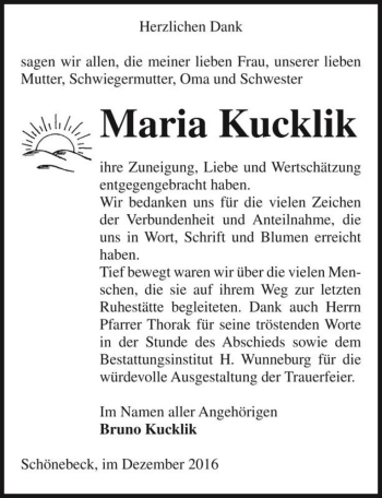 Traueranzeige von Maria Kucklik  von Magdeburger Volksstimme