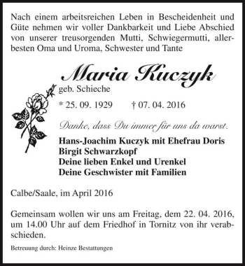 Traueranzeige von Maria Kuczyk (geb. Schieche)  von Magdeburger Volksstimme