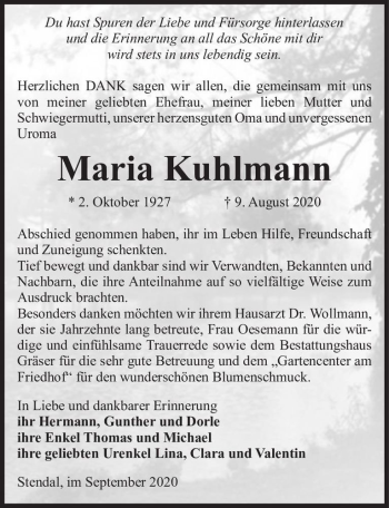 Traueranzeige von Maria Kuhlmann  von Magdeburger Volksstimme